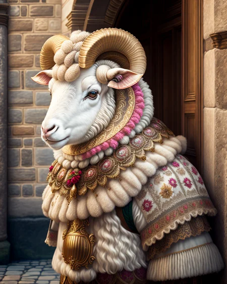 Portait of a sheep in baroque armor in front of woollen palace, maximalist aesthetic.
