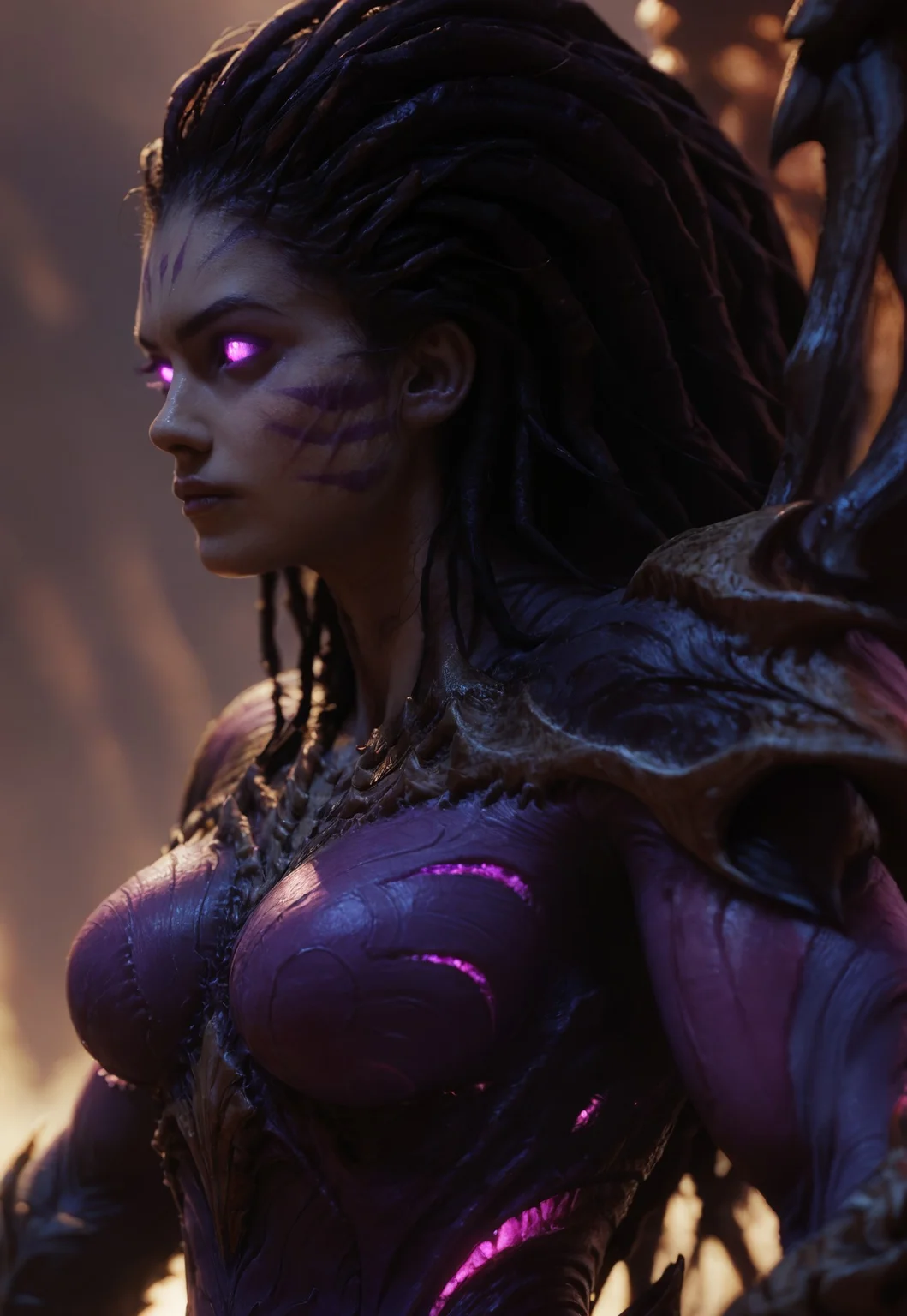 score_9, score_8_up, score_7_up, Kerriganxl, female, long hair, dreadlocks, toned, black hair, big breasts, glowing eyes, bone wings, armor, bodysuit, close up, kaisa, purple eyes, facial marks,