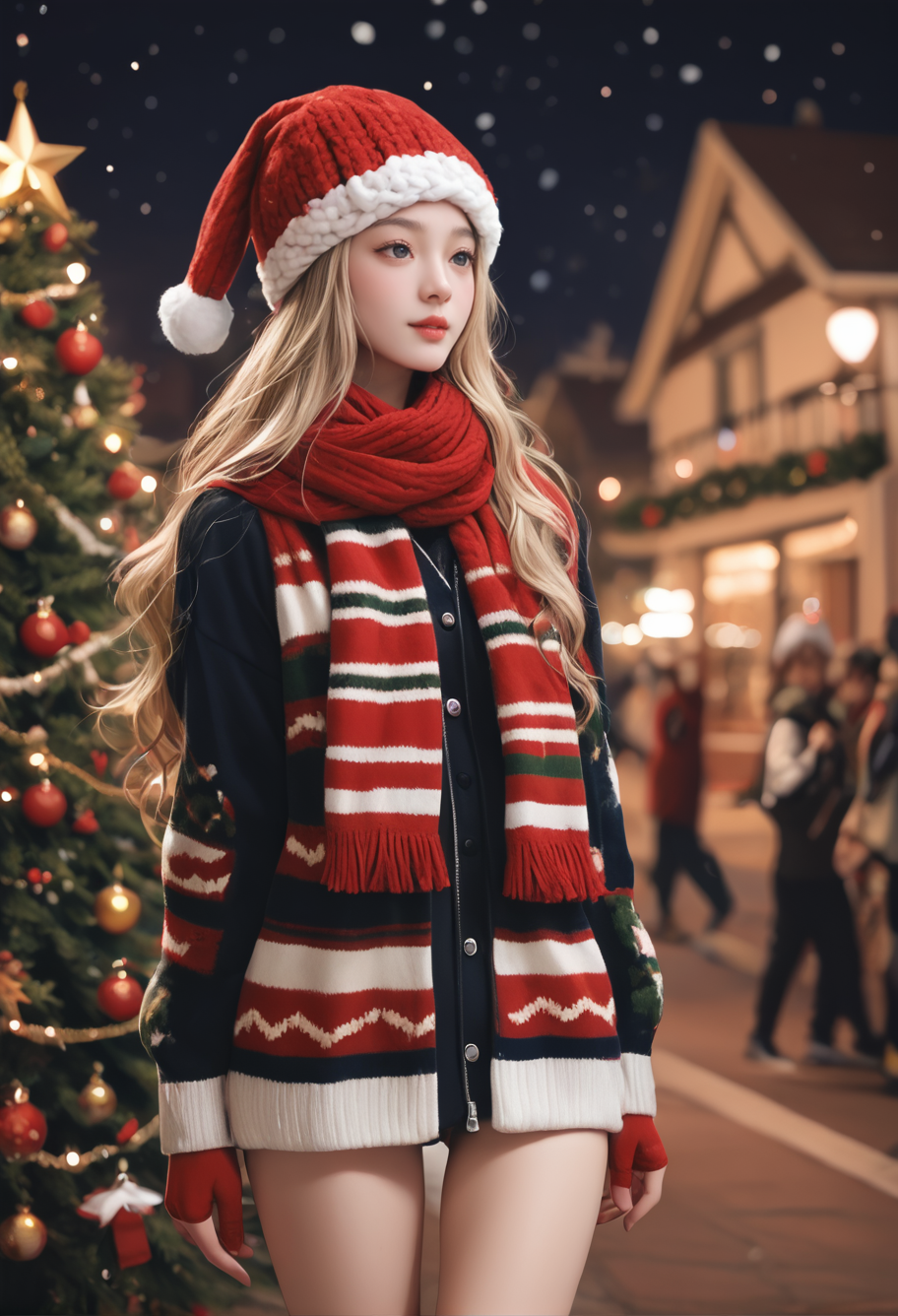 1girl,,ruanyi1386,beanie,multicolored clothes,striped clothes,red scarf,christmas,standing,thigh gap,christmas tree,blurry background,outdoors,red gloves,blonde hair,wavy hair,<lora:1386 christmas_v1_pony:1>, score_9,score_8_up,score_7_up,,8k,solo,,
