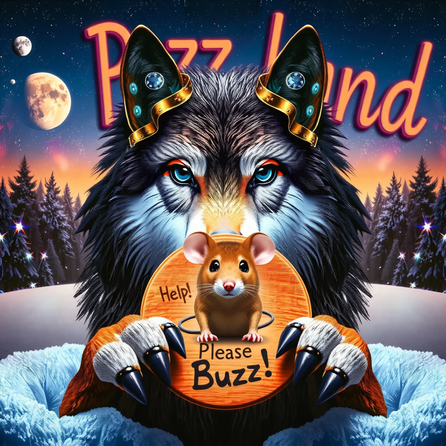 SFW; masterpiece, intricate photo. realistic real wolf in a snowy landscape surrounding holding a small wooden plate with his realistic wolf paws where is written on "Please Buzz!"; Mouse is sitting between the ears and holding a sign with "Help!"; in the background are a forest, in the skies are stars, planets, galaxies, nebulae; in the sky is in neon letter written "Buzz Land". highly detailed, sharp focus, photo realistic, hyper realistic, best quality, high resolution, HDR, colorful, cozy outdoor lighting, 8K