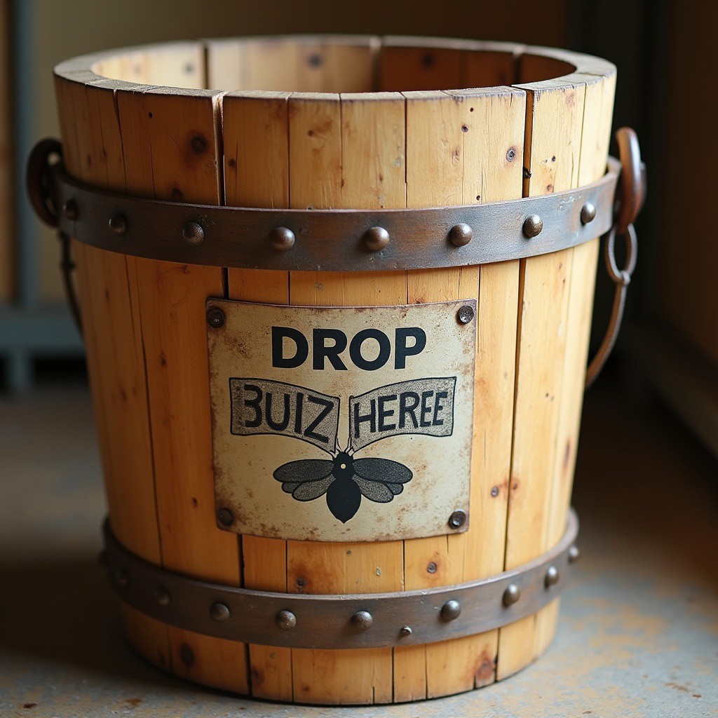 Large wooden bucket with label that says "Drop Buzz Here"