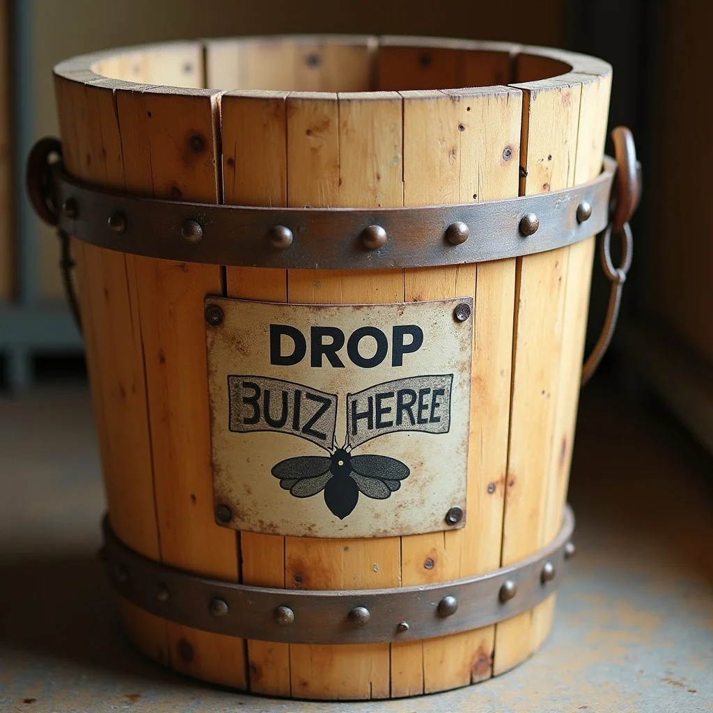 Large wooden bucket with label that says "Drop Buzz Here"