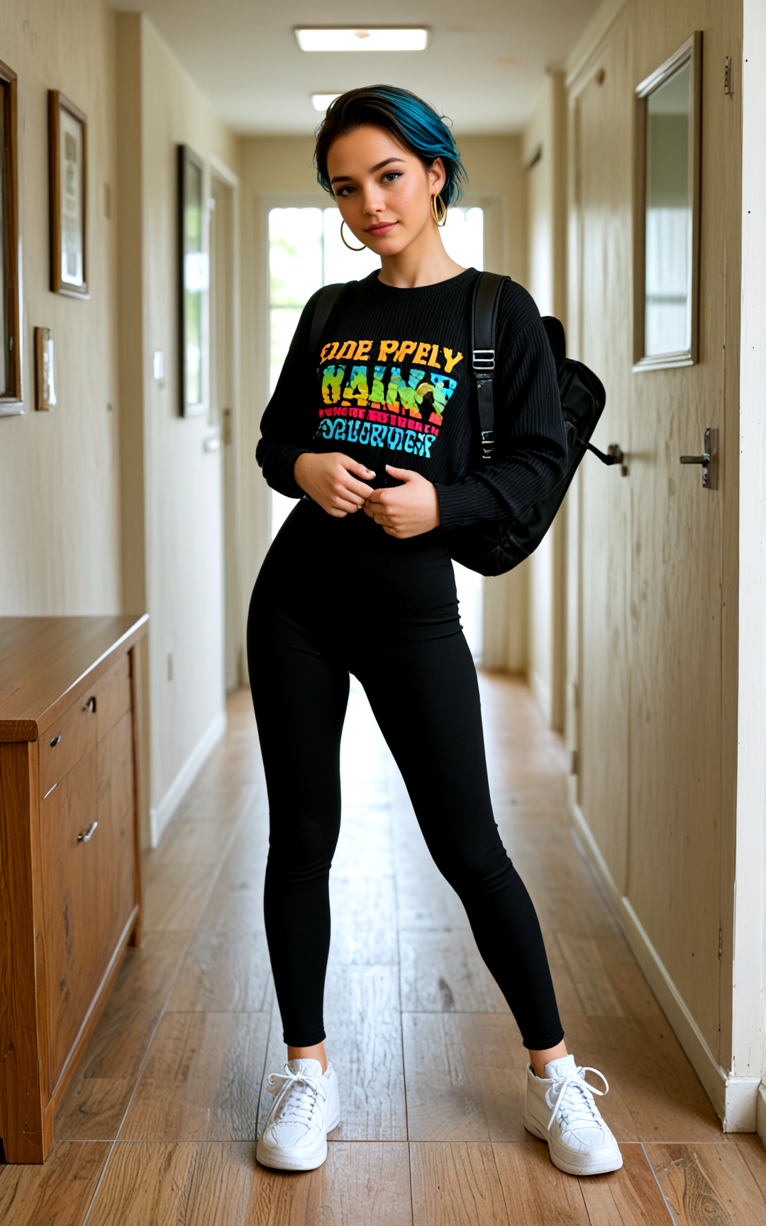 <lora:pytorch_lora_weights_361535:1>,(full body photo:1.4),(full body:1.4),(full shot:1.4),(full body shot:1.4),(side view:1.1),(from the side:1.1),,A 24 year old Nigerien Woman,[[[hazel eyes,eyebrow piercing,short,Dark chocolate brown straight hairs,Curly Undercut cut,  Split Dye effect ,fingersmile expression,White face base, black eyeliner and eyeshadow, dark lipstick]]],caramel skin,(petite body:1.3),flat chest hard breasts,Dressed in create powerful and varying colors patterns gold and pastel blue highlights Rainbows print A charcoal ribbed sweater with a side slit, paired with black leather leggings, white sneakers, silver hoop earrings, and a stylish backpack, offering a modern and edgy family-gathering look,,a lively office with bright colors, creative meeting rooms, and inspirational quotes on the walls, promoting a fun and dynamic work culture,A soft, golden hour just before sunset, where light filters through the trees, creating a warm and inviting glow. The atmosphere feels nostalgic and comforting,, score_9, score_8_up, score_7_up