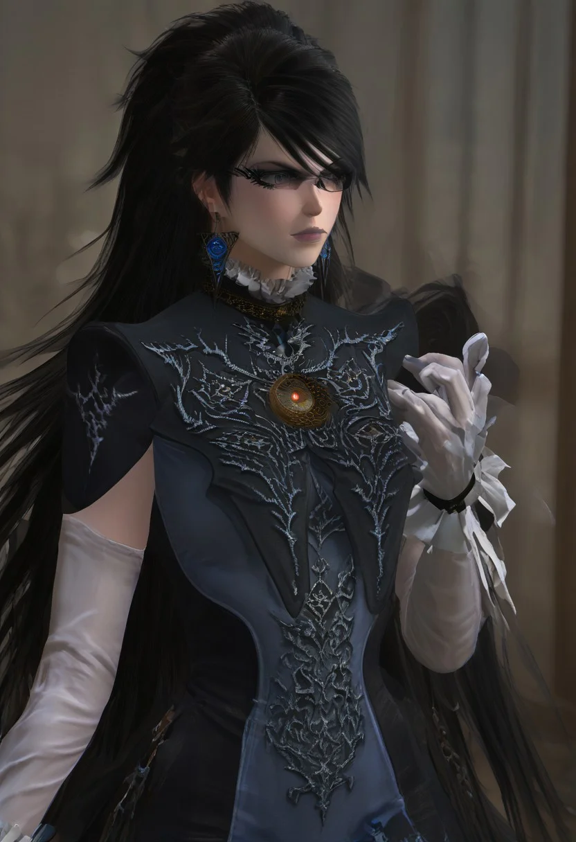 ,score_9, score_8_up, score_7_up,<lora:brawl_style_1_2_R:0.8>, 1girl, brawl, bayonetta 2, Black Hair, Very Long Hair, Epic Hair, Big Hair, Wavy Hair, Ponytail, Dual Bun, Brawl Stars Style, Blue Triangle Earrings, Gray Eyes, White Long Gloves, Long Sleeves, Black Skirt, Eyeglasses, Half Body, {{Sakimichan Style}}, Blue Lipstick, source_anime