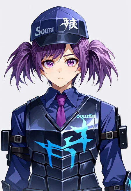 score_9, score_7_up, source_anime,solo,1girl,souma kurumi, short hair, purple hair, short twintails, purple eyes,WCorpuniform,armor,necktie,hat
