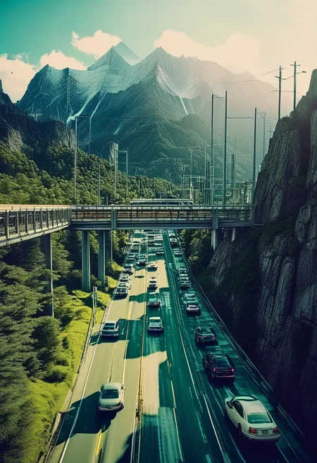 ()Hyoer Realistic:2.0)Polaroid picture
Photorealistic image Alternative universe, Blue Ridge Mountains, skyscrapers, high elevation bridges, highways, futuristic, dystopian, cinematic lighting, detailed, 4k, fantasy.