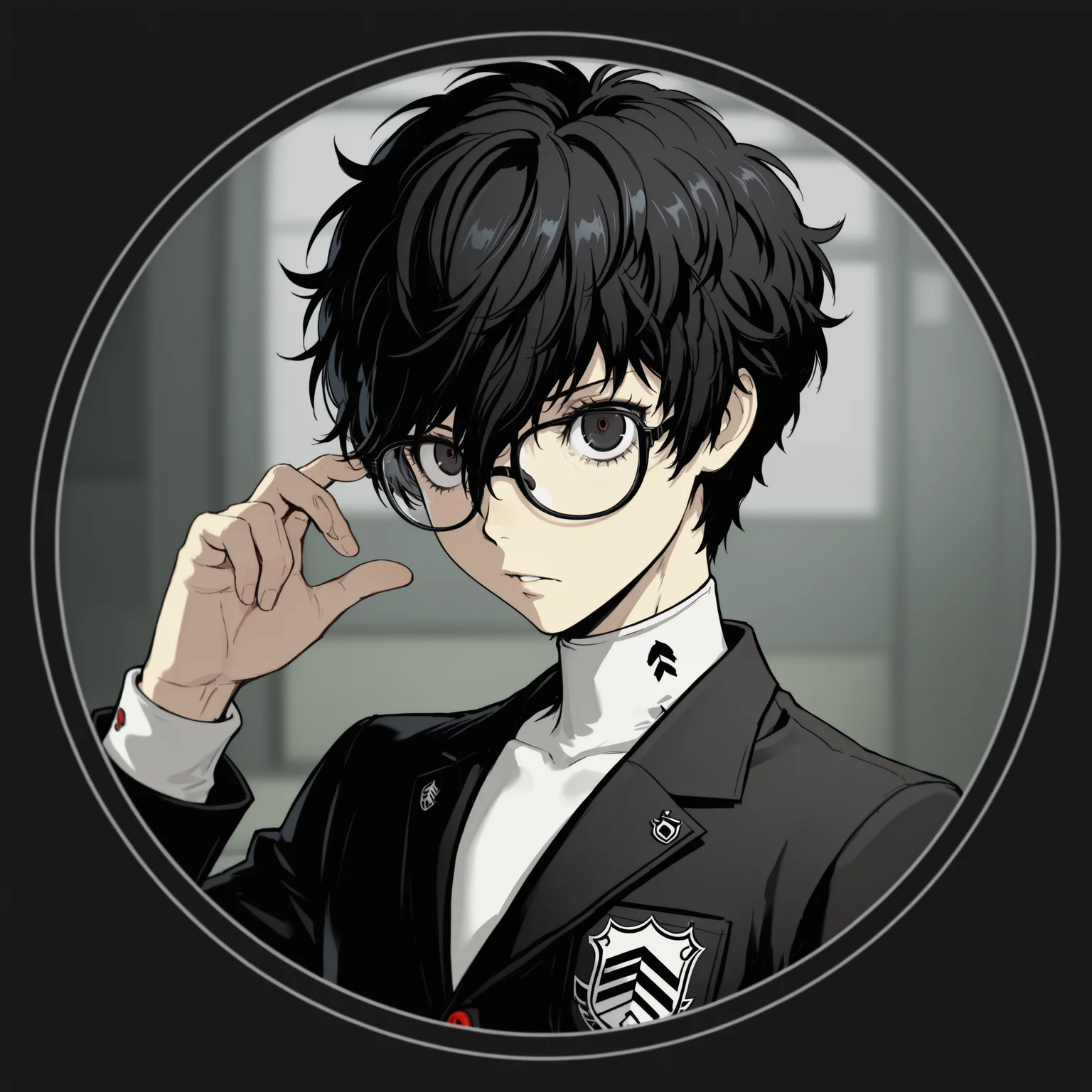 pfp circle, 1boy, amamiya ren, glasses, shuujin academy school uniform, persona 5, border, masterpiece, best quality, amazing detail, high definition