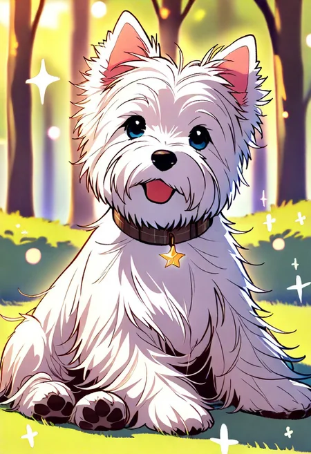 (masterpiece),(best quality),(ultra-detailed),very aesthetic,absurdres, newest,scenery, (solo:1.9)
(bloom:1.2), (bokeh:1.2), (sparkle:1.3), <lora:West_Highland_Terrier_Illustrious:1> w3st13, white fur, dog, animal focus
sitting, happy, looking at viewer, head tilt, tongue, open mouth, pink collar
forest, leaves, grass, sticks