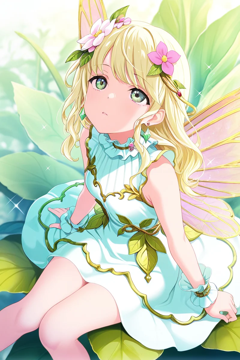 masterpiece, best quality, amazing quality,
<lora:Shiori_IL:1> shiori, 1girl, flower, dress, wings, long hair, solo, blonde hair, hair flower, hair ornament, fairy wings, minigirl, fairy, jewelry, looking at viewer, earrings, sleeveless dress, white dress, wrist cuffs, sleeveless, sitting, looking up, sparkle, parted lips, green eyes