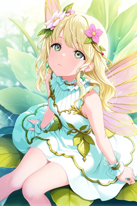 masterpiece, best quality, amazing quality,
 <lora:Shiori_IL:1> shiori, 1girl, flower, dress, wings, long hair, solo, blonde hair, hair flower, hair ornament, fairy wings, minigirl, fairy, jewelry, looking at viewer, earrings, sleeveless dress, white dress, wrist cuffs, sleeveless, sitting, looking up, sparkle, parted lips, green eyes