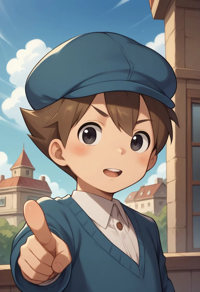 score_9, score_8_up, score_7_up, source_anime, highly detailed,
luke, 1boy, solo, male focus, black eyes, hat, blue headwear, brown hair, upper body, sweater, shirt, white shirt, blush stickers, pointing at viewer, open mouth
outdoor, sky, building, steampunk,