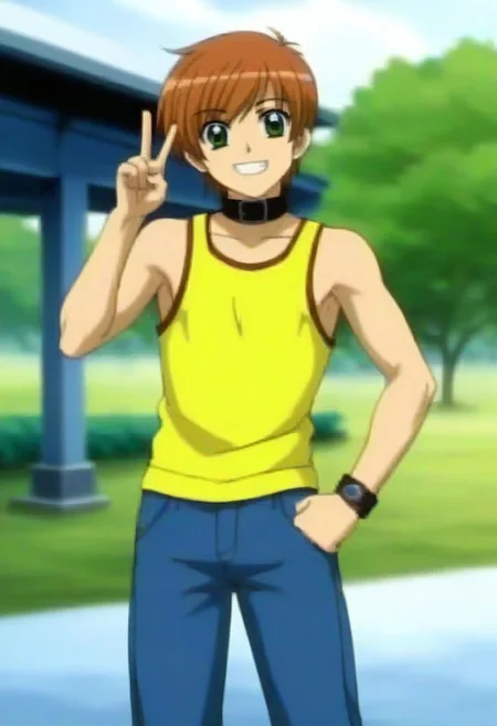 ((masterpiece)), ((best quality)), ((ultra-detailed)), ((absurdres)), score_9_up, score_8_up, score_7_up,
HD, top quality, best quality, amazing quality, High-quality illustrations, anime screencap, source_anime, best aesthetic, perfect proportions, perfect eyes, 1boy, 1male, solo boy, solo male, male focus, solo male focus, Anime, boy, male anime character, anime boy, handsome, attractive, cute, charming, sexy, hot, ((tall, tall height, tall body)), ((slim body, slim body), ((cowboy shot, half body shot, head to hips shot, close up shot)), Keita Kawahira, brown-orange hair, green eyes, neck collar, yellow tank top, blue pants, big smile, smile with teeth, energetic, peace gesture,✌️ gesture, ((cute pose))