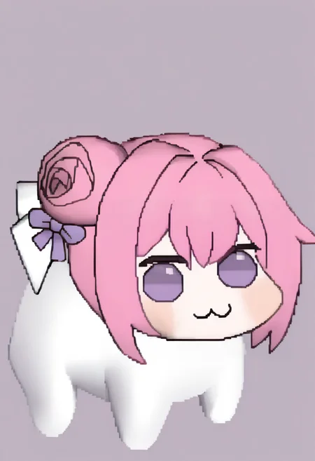 masterpiece, best quality, solo, looking at viewer, <lora:FF7-Chibi-illus_Fp:1>, full body, simple background, 3d, chibi, <lora:doro_xypher_ixl_v1:1>, doro, :3, chibi, no pupils, solid circle eyes, full body, white skin, all fours, dorothy \(nikke\), pink hair, purple eyes, single side bun, hair bow, purple ribbon