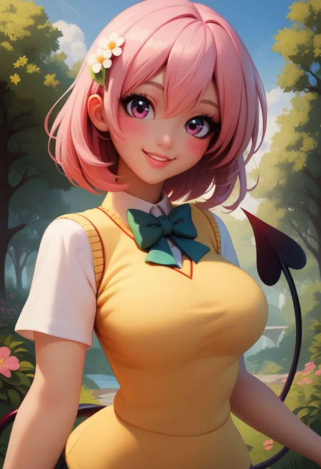 score_9, score_8_up, score_8, medium breasts, (curvy), cute, eyelashes,
tlrmomo, pink hair, hair flower, green bowtie, yellow sweater vest, white shirt, short sleeves, green miniskirt, demon tail, looking at viewer, standing, happy, lips, blue sky, trees, waist up head tilt, curvy, smile, blush,