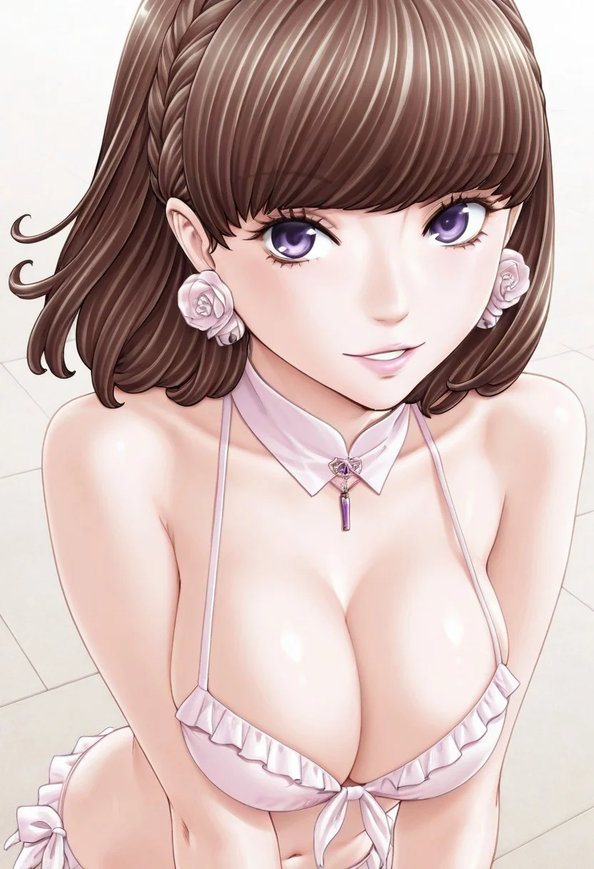 score_9, score_8_up, score_7_up, source_anime,(extremely detailed CG), (best quality), purple eyes, brown hair,lips, 1girl, solo, Bikini,makiho