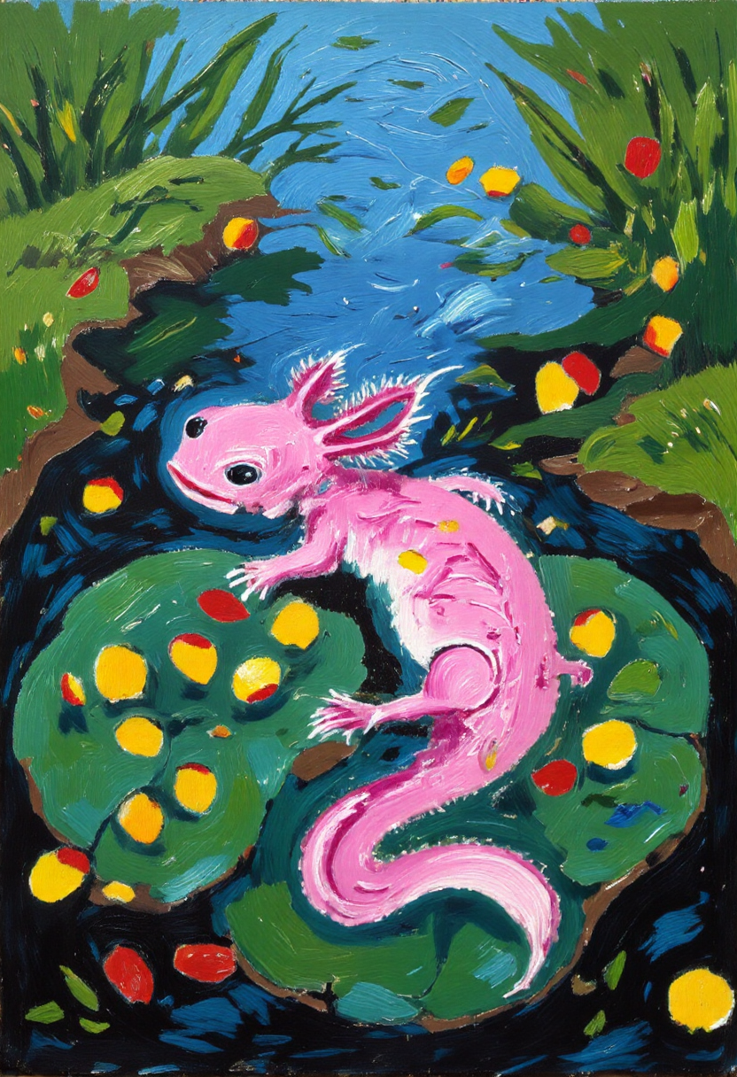<lora:Thrift_Store_Paintings_FLUX:1><lora:axomodelv2:1>
The image is a vibrant, expressive painting on canvas depicting a scene of a pink axolotl in a pond