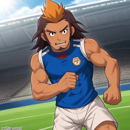 Score_9, cartoon source, toon source, high Quality, wolfconf, 1boy, solo, HIJIKATA RAIDEN, Brown hair, black eyes, young, muscle body, two-tone hair, dark skin, soccer uniform (white shorts, blue sleeveless shirt), tight-fitting clothing, goatee.