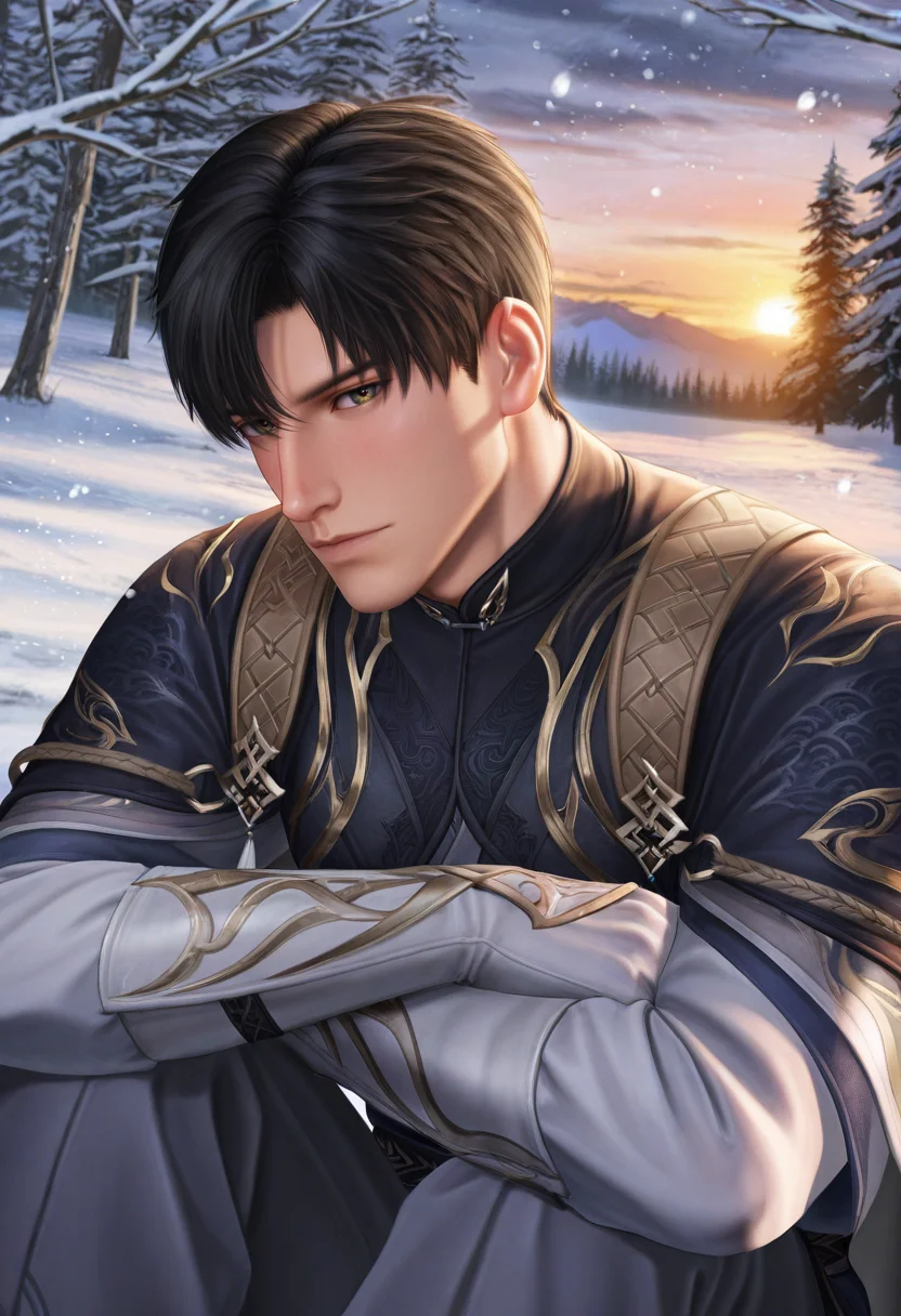 1boy, male focus, profile, portrait, LADS_Zayne, LADS_Zayne_black_hair, LADS_Zayne_hazel_green_eyes, LADS_Zayne_dark_coat, LADS_Zayne_gold_trim, LADS_Zayne_cape, LADS_Zayne_white_gloves, Chinese clothes, sitting arms around knees, expressive cute passion face, blushing, puppy eyes, mouth slightly open, blushing, head turned to viewer, looking at viewer, snow, snow-covered branches, winter forest, golden our, sunset, dramatic lighting, close up:2.8, high angle, fantasy, falling snow, Chinese fantasy, elegant atmosphere, masterpiece, best quality, ultra-detailed, absurdres, cinematic lighting, realistic shading, intricate details, shiny skin, newest, 8k resolution, octane render, <lora:LoveDeepSpace_Zayne:0.8>