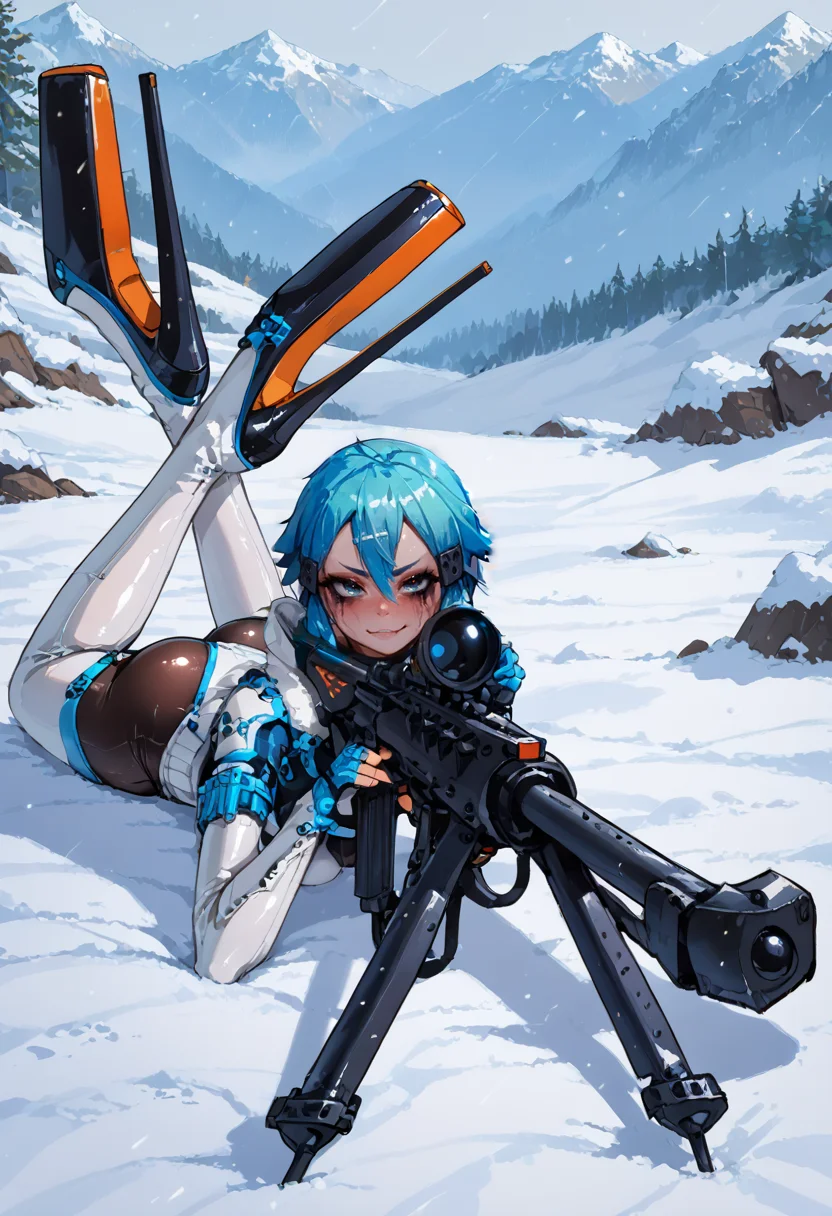 score_9, score_8_up, score_7_up, source_anime, rating_explicit, 1girl, solo, long eyelashes, (heavy makeup), medium breasts, shiny skin, <lora:Femininebody2:0.7>, perfthig, thick thighs, wide hips, curvy, thin arms, narrow shoulders, petite, smug face, <lora:Barioth X Gunner Armor ponyXL v1.2:0.8>, barioth x gunner armor, bodystocking, pantyhose, white headband, white thigh boots, white fingerless gauntlets, white pelvic curtain, garter straps, (latex:1.2), <lora:Alternative_Shoes_Pony_V2:0.5>, (extremely tall platform stiletto heels:1.4), endless snow field, snowfall, blizzard, blurred background, looking away, holding gun, huge black sniper riffle, <lora:EPsoaSinonPony:0.8>, EPsoaSinon, sinon