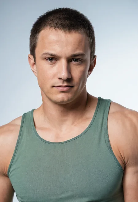 <lora:gavin_groghan_twink_sdxl_v1-000004:0.8>, close-up portrait of gavinperson, wearing a fitted green tank top, standing against a white backdrop, front-facing, defined shoulders visible through fabric, clean lighting, photorealistic, upper body only, soft shadows, SDXL style, relaxed confident expression, studio lighting
