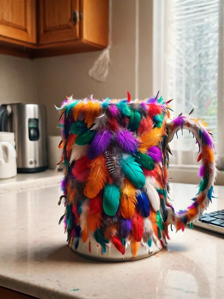 ais-featherz coffee mug, on the kitchen table <lora:Feathers_Glue_SDXL:1>