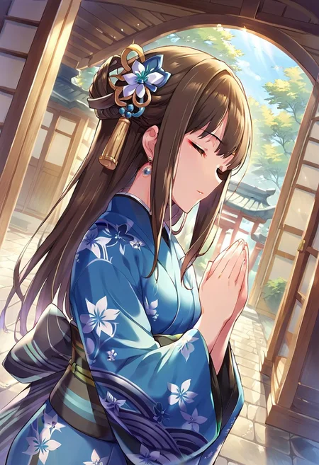 score_9, score_8_up, score_7_up, source_anime,shibuya rin, long hair, brown hair, 1girl, japanese clothes, closed eyes, solo, praying, kimono, earrings, jewelry, hair ornament, dutch angle