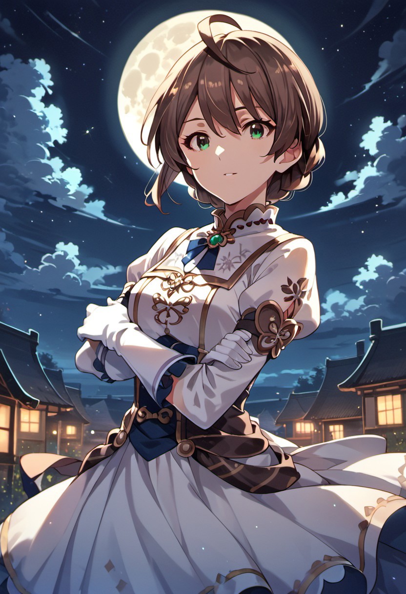 score_9, score_8_up, score_7_up, source_anime, sakuramori kaori, green eyes, brown hair, ahoge, 1girl, gloves, solo, night, moon, braid, dress, white gloves, sky, full moon, looking at viewer, short hair