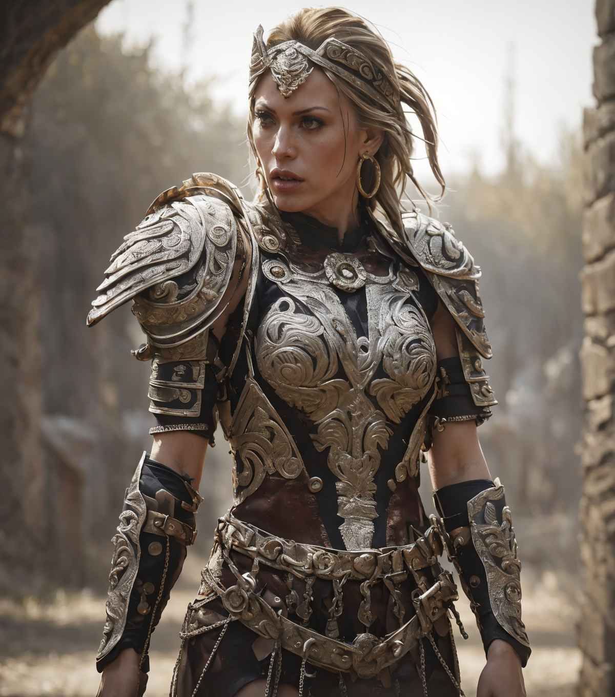RAW photo, (masterpiece:1.3), subsurface scattering, heavy shadow, (high quality:1.4), (intricate, high detail:1.2), professional photography, HDR, High Dynamic Range, realistic, ultra realistic, photorealistic, high resolution, film photography, ambient lighting, atmospheric effects, <lora:detail_slider_v4:2>, OverallDetail, Amber, <lora:Amber:1>, as a female gladiator, headband, earrings, <lora:Gladiator1:0.55>, armor, intricate metal breastplate!, chest armor, belt, shoulder, cowboy shot, dynamic pose, in an arena <lora:Arena-10:0.6>, epiCPhoto