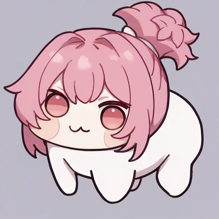 score_9, score_8_up, score_7_up, score_6_up, source_anime, 1girl, solo, <lora:dshomura-pdxl-nvwls-v1:1> dsHmra, pink hair, ponytail <lora:Doro_X_PDXL_V1:1> doro, creature, :3, chibi, no humans, white skin, four legs, solid circle eyes, no pupils, simple background, white background