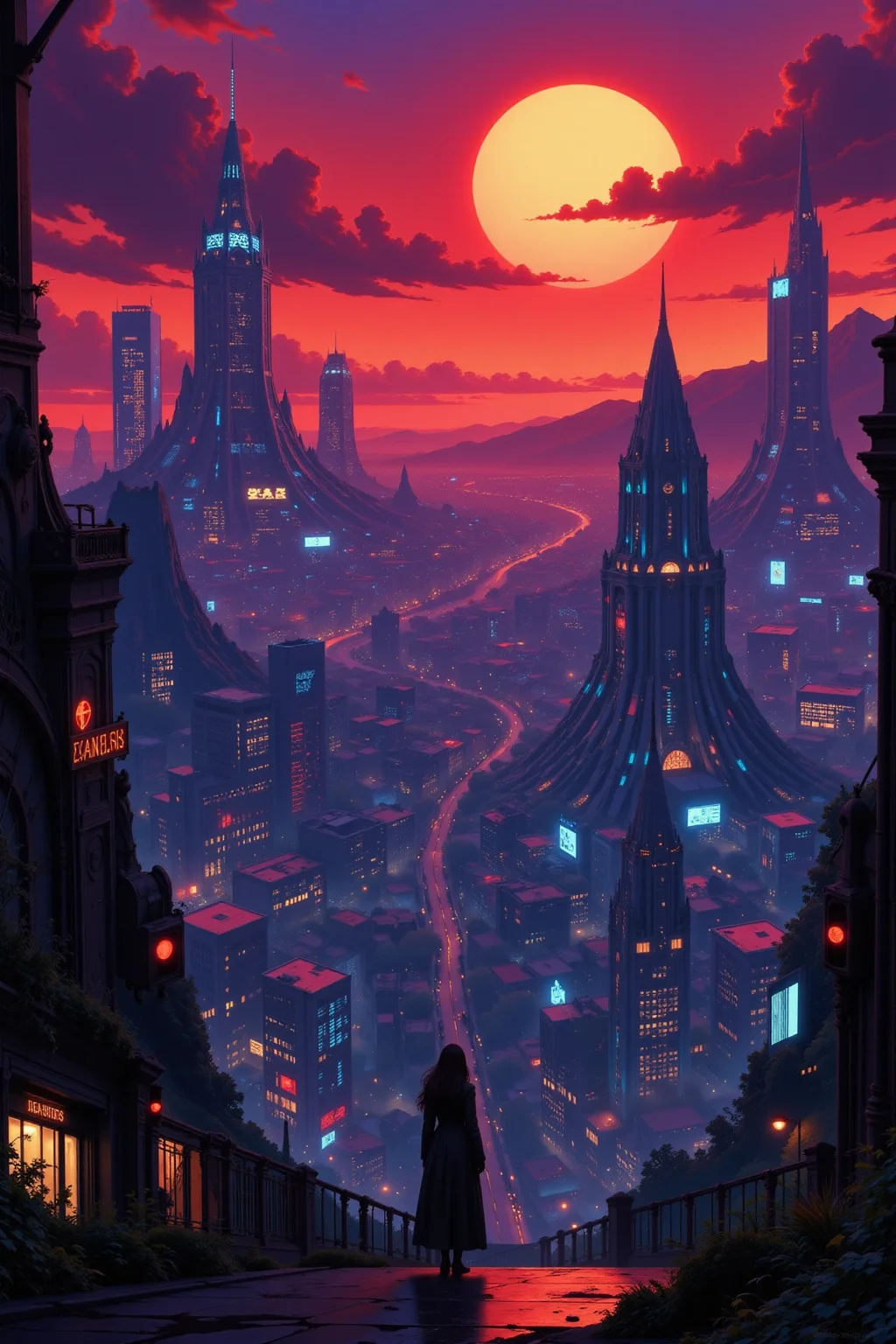 a futuristic sci-fi fantastic cyberpunk city beautiful landscape, dusk, woman, very intricate, very detailed, sharp, bright, colorful, <lora:Hand v2:0.5> <lora:Anti-Blur:1><lora:Insane Detail Slider:0.25> <lora:flux.1_lora_flyway_Epic-detail_v2:0.3> <lora:fluxenhancer:0.25> <lora:Anime_style:0.6> anime style