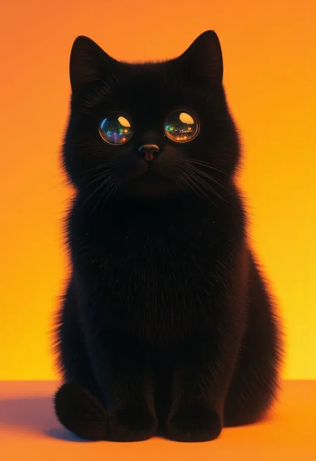 A serene yet captivating scene featuring a thick, black, fluffy cat sitting against a vibrant orange backdrop. Its wide, inquisitive eyes are filled with a magical reflection—a brightly lit Christmas tree adorned with colorful ornaments and twinkling lights. The reflection shimmers in the cat's dark, glossy eyes, capturing the warmth and joy of the holiday season while hinting at a world beyond the frame.
The backdrop remains a rich, contrasting orange, casting a gentle, golden glow that enhances the cat’s velvety fur. Soft, directional lighting highlights the luxurious texture of its thick coat and the rounded contours of its expressive face. Shadows fall subtly, framing the cat’s elegant form without overwhelming the simplicity of the composition.
The cat sits upright, its tail wrapped gracefully around its side, exuding quiet confidence and curiosity. Tiny glints of lighter fur on its chest catch the soft light, adding depth and dimension to its otherwise inky silhouette. The atmosphere is peaceful and festive, with the vivid orange background providing a sense of warmth that complements the shimmering, colorful lights reflected in the cat’s eyes. This intimate moment captures the blend of feline curiosity and the quiet magic of the holiday season.