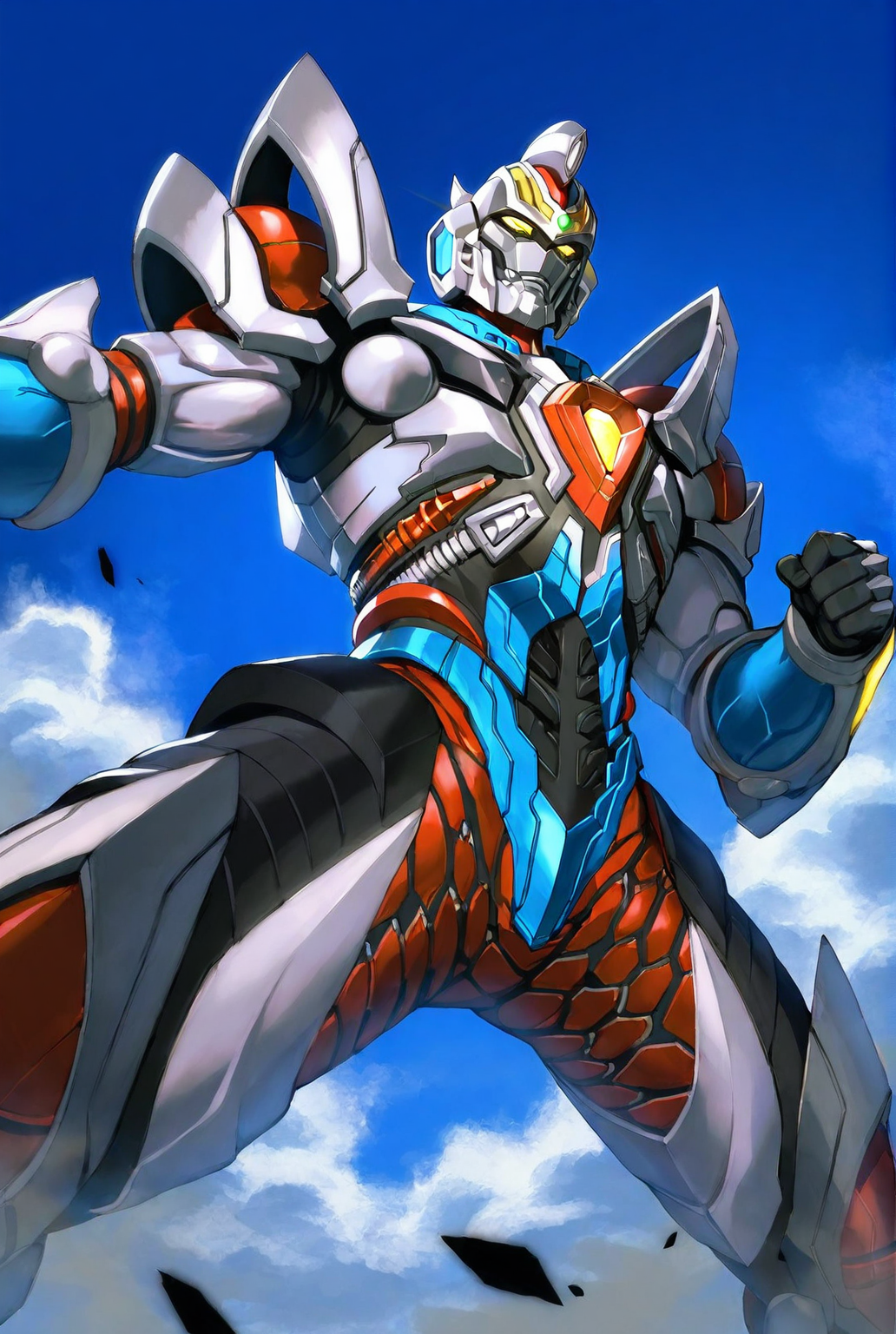 score_9,score_8_up,score_7_up,best quality,ultra-detailed,high resolution,digital painting,8k,1boy,solo, from below,male focus,bara,detailed face,mecha,robot,no humans,science fiction,yellow eyes,tokusatsu,glowing eyes,armor,super robot,spread legs,fighting stance,sky,<lora:add-detail-xl:1>,<lora:SSSS Gridman:0.8>,ssss gridman,