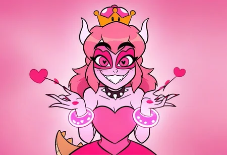 <lyco:MegaMilkV1-20:1.0>, poseMega, 1girl, super crown, collar, horns, bracelet, grin, pink dress, leaning_forward, missheed, pink hair, pink eyes, looking at viewer, ears, tail, eyelashes, thick eyebrows, female, long hair, crown, super crown, bracelet, crown, ponytail, long hair, smile, jewelry, teeth, nail polish, heart floating, heart-shaped pupils, aroused, heart eyes, cupid arrow, Valentine's day themed
