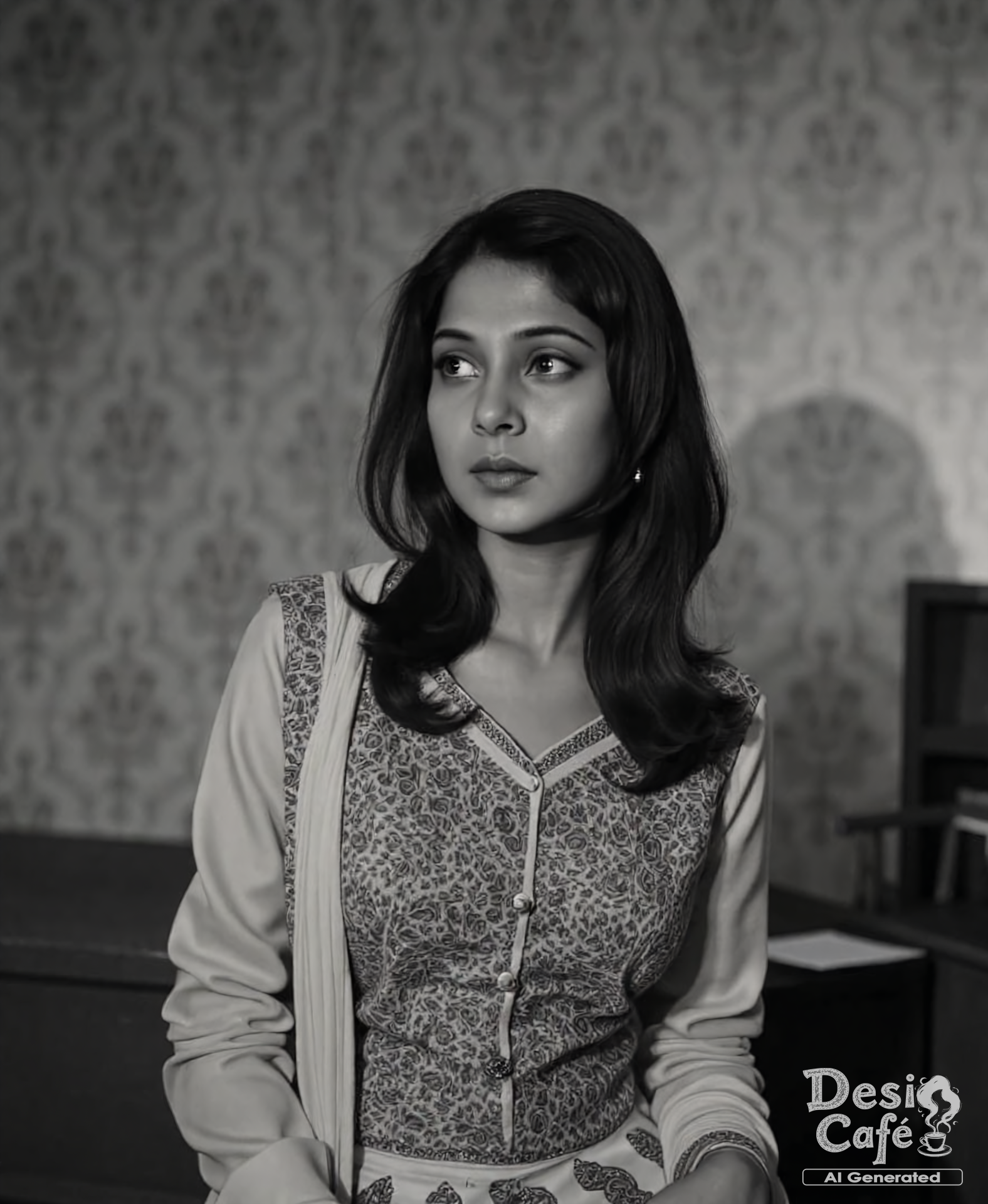 vintage still from black and white noir film photo of  jennifer winget woman, hyper realistic photo that is safe for work, expression of wonderment with wide eyes, studio quality image, well dressed wearing intricate long sleevedMekhela Chador (Assamese traditional attire), hair styled as straight hair,muted shaded wallpaper background that contrasts with the person, cinematic lighting,âââââ  <lora:Jennifer_Winget_Flux_Kohya_V1:1>âââ