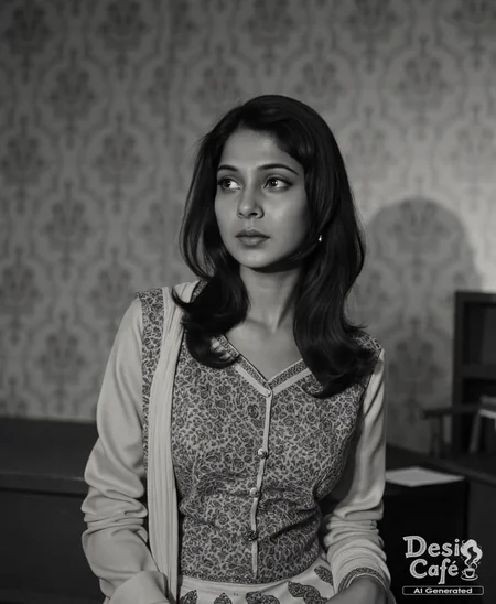 vintage still from black and white noir film photo of jennifer winget woman, hyper realistic photo that is safe for work, expression of wonderment with wide eyes, studio quality image, well dressed wearing intricate long sleevedMekhela Chador (Assamese traditional attire), hair styled as straight hair,muted shaded wallpaper background that contrasts with the person, cinematic lighting,âââââ <lora:Jennifer_Winget_Flux_Kohya_V1:1>âââ
