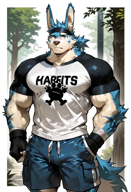 animal ears, muscular furry, furry, Clothes, PG, T-shirt, Shorts, bara