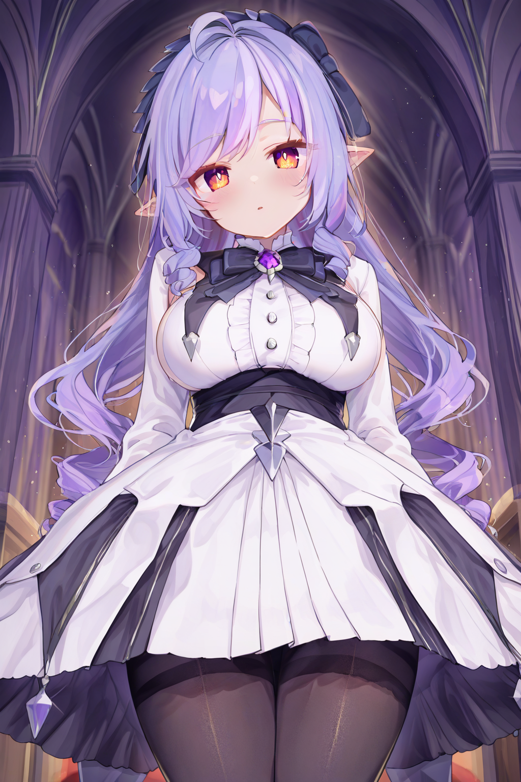 looking at viewer,facing viewer, front viewer, <lora:enotesv2:0.8>, <lora:vivian:1> vivian \(zenless zone zero\),purple hair,multicolored hair,red eyes,pointy ears,long hair,drill hair,hairband,large breasts,white dress,white shirt,black bow,black pantyhose, breasts,digital illustration,1girl, masterpiece, best quality,highres,