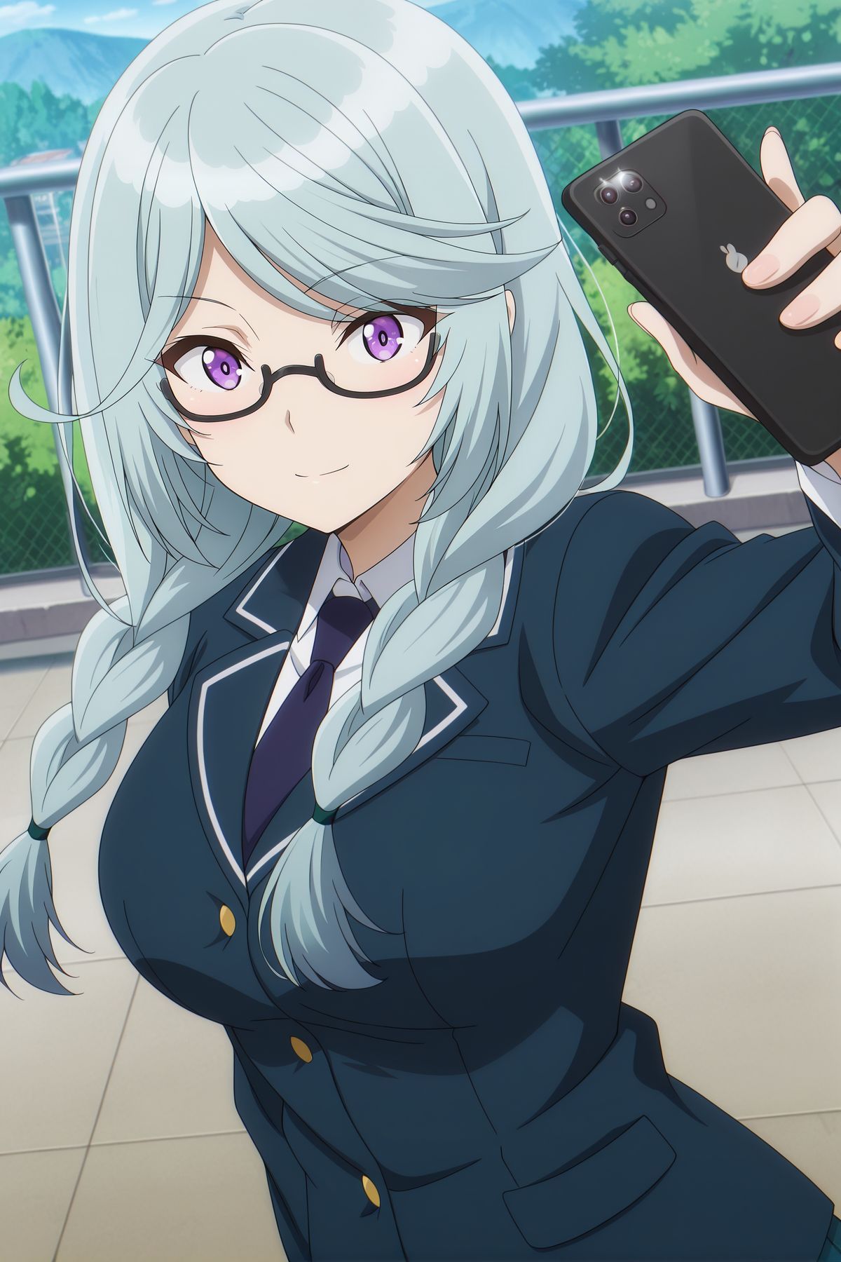 absurdres, highres, masterpiece, best quality, amazing quality, official anime artwork, screencap, anime screencap, outdoors, dynamic pose, looking at viewer, light smile,  
 <lora:Epsilon_Illustrious:1> Epsilon, 1girl, solo, purple eyes, blue hair, swept bangs, twin braids, medium breasts,, school uniform, blue uniform, glasses, cellphone,