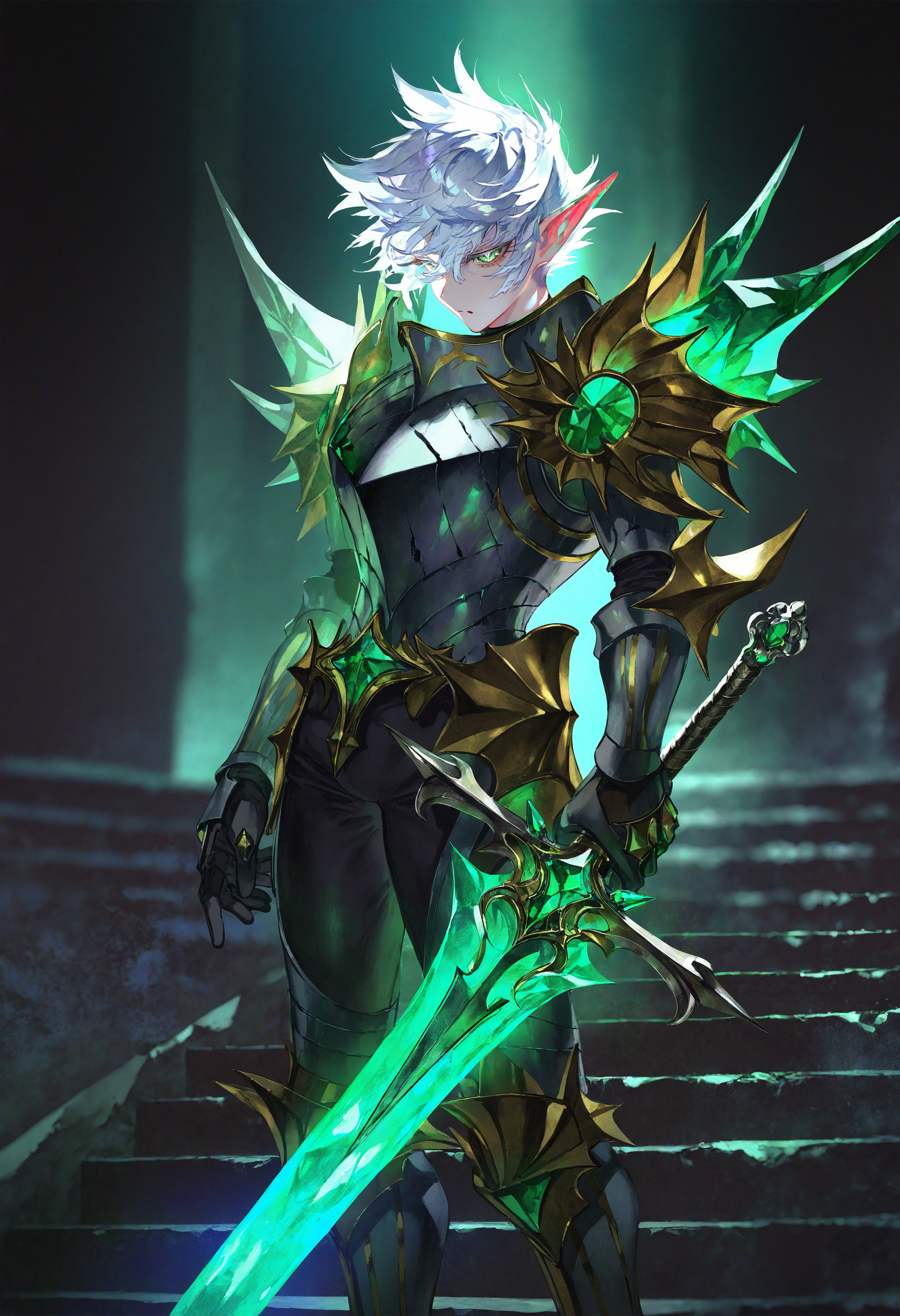 artist:[diyokama|yoneyama mai|lam \(ramdayo\)|quasarcake],
1boy, knight, muscular, pointy ears, [pearl:emerald:0.5], on stairs, sword, dazzling, armored, shoulder armor, white hair,
[|green gemstone:10], bright inner glow, iridescent, ultraviolet light,
masterpiece, best quality, very awa, absurdres
<lora:noobai_vpred_1_green_emerald_v1:1>