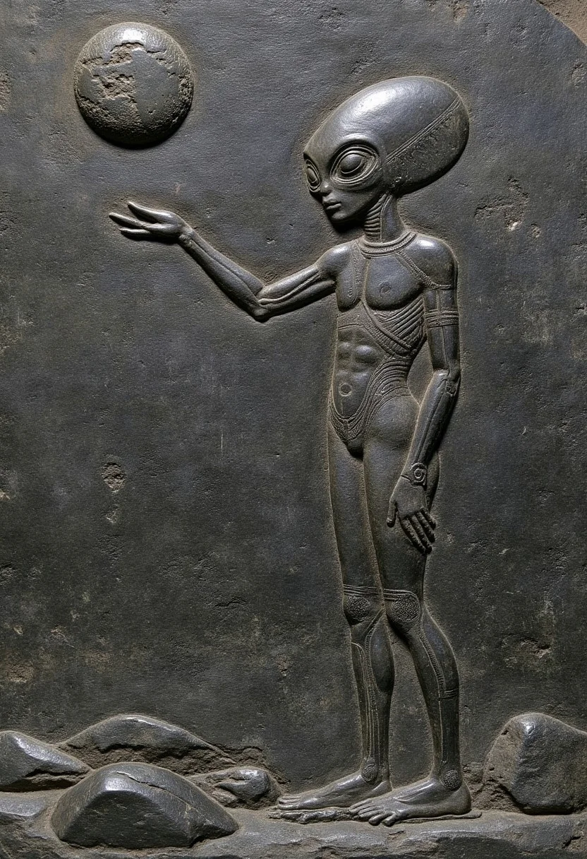 a bas relief sculpture. The sculpture is carved from a dark-colored igneous Basalt rock with a weathered texture that suggests it has been exposed to the elements for a significant time. relief depicts a skinny alien with big head and large eyes standing on the surface of the moon, in the sky is a depiction of the Earth that the alien is pointing at. The overall style is reminiscent of ancient Egyptian art with an emphasis on detailed symbolic representation.