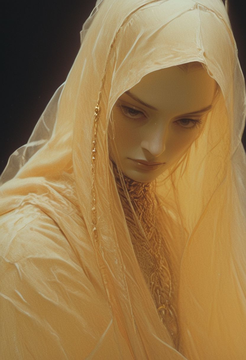 soaked_mundwasser, an excentric laughing feudal wired-cyborg Rococo shinobi, holding spear, translucent DARK-amber velvet high collar blouse, the face shrouded in darkness, a Large hooded Linen Cape with Highlights and Ornaments, volumetric lighting, ultra detailed, deep Blacks, very detailed, atmospheric haze, Film grain, cinematic film still, shallow depth of field, highly detailed, high budget, cinemascope, moody, epic