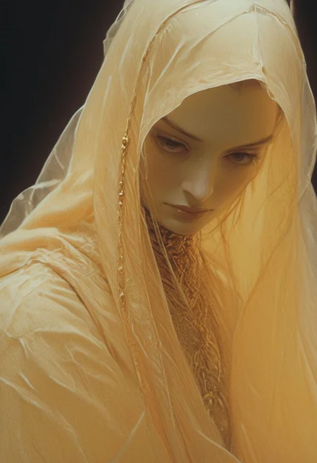 soaked_mundwasser, an excentric laughing feudal wired-cyborg Rococo shinobi, holding spear, translucent DARK-amber velvet high collar blouse, the face shrouded in darkness, a Large hooded Linen Cape with Highlights and Ornaments, volumetric lighting, ultra detailed, deep Blacks, very detailed, atmospheric haze, Film grain, cinematic film still, shallow depth of field, highly detailed, high budget, cinemascope, moody, epic