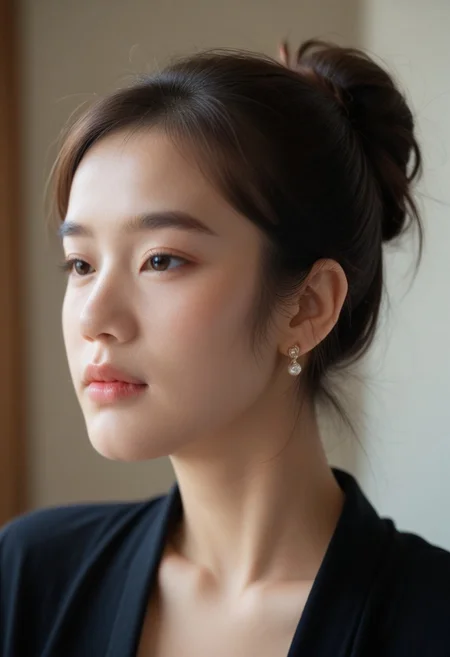 score_9, score_8_up, score_7_up, ladyburns, sideburns, 1girl, solo, jewelry, earrings, blurry, brown hair, asian, profile
