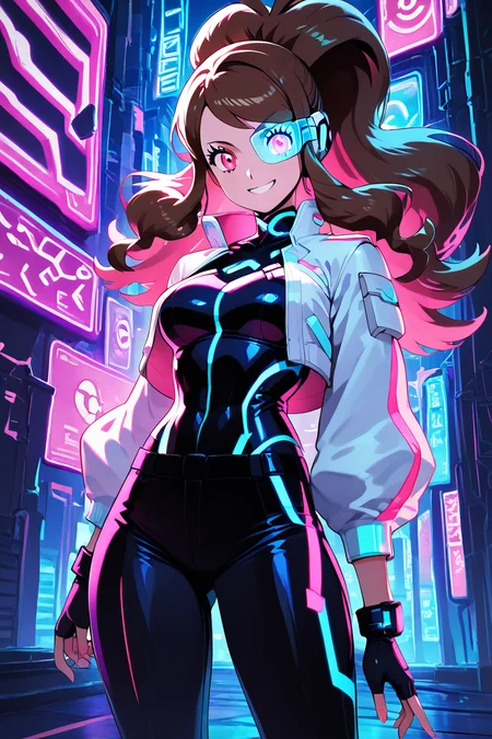 score_9, score_8_up, score_8, medium breasts, (curvy), cute, eyelashes, ,,, , zzHildaLuxCitron, pink eyes, brown hair, high ponytail, long hair, multicolored hair, pink hair, ponytail, sidelocks, white jacket, long sleeves, shiny, pants, black gloves, cyberpunk, scouter, <lora:HildaLuxVoltPDXL:1>, , BREAK, smile, looking at viewer, cowboy shot, ,,, embedding:zPDXL, <lora:theButcherXPDXL:0.8>,