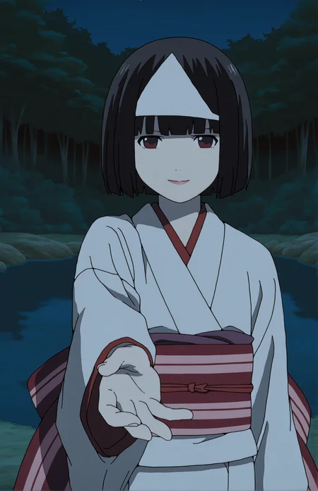 NoraMizu. 1girl, black hair, short hair, bangs, triangular headpiece, japanese clothes, white kimono, obi, sash, long sleeves, night, standing, forest, pond, sly smile, face focus, looking at viewer, front view,, outstretched arm
