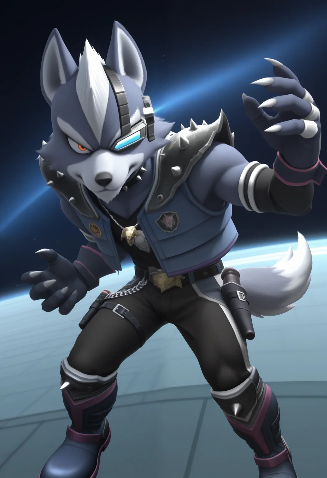 masterpiece,best quality, amazing quality, 1boy, solo, wolfSF, wolf boy, scouter, ssbb spiked shoulder armor, brawl blue vest, brawl black shirt, brawl black gloves, brawl black pants, brawl belt, brawl black boots, brawl spiked kneedpads, brawl gun holster, brawl necklace, chain belt, choker, black detached sleeves, attack,
space, space ship,