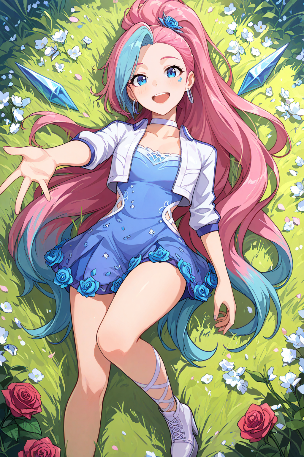 masterpiece, good quality, best quality, very awa, very as2, absurdres, highres
 <lora:KDASeraRisingStarilluLoRA:1>KDASeraRisingStar, multicolored hair, short hair, ponytail, hair ornament, asymmetrical bangs, blue eyes, mark under eye, star (symbol), Hoop earrings, choker, cropped jacket, short sleeves, short dress, Flower, rose, asymmetrical legwear, cross-laced legwear, platform footwear, cross-laced footwear, Crystal, cherry blossoms, lying, on back, happy, reaching towards viewer, flower field, from above,