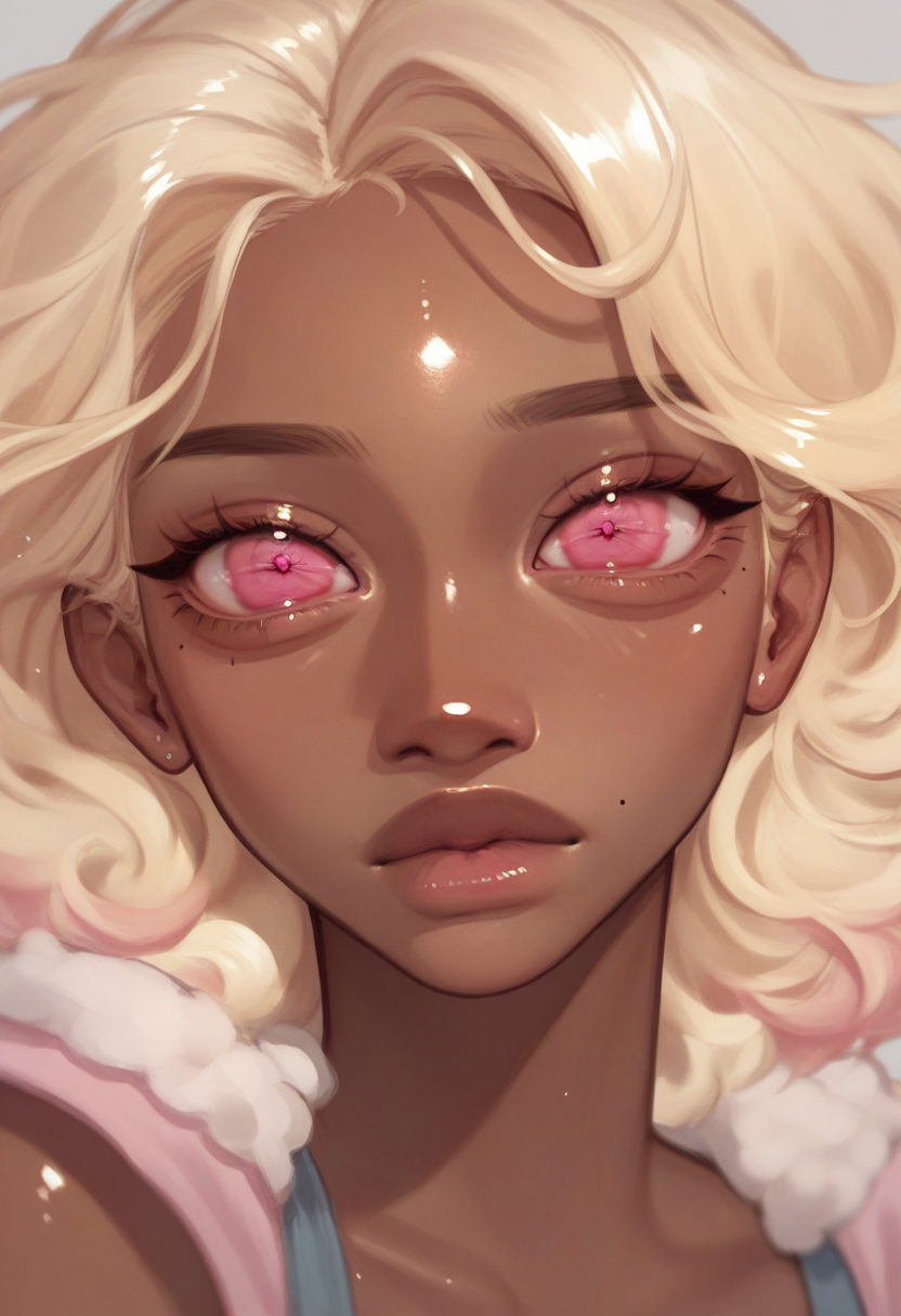 score_9, score_8_up, score_7_up, score_6_up, <lora:jelly_v0.5-pony:1> 
1girl, blonde hair, dark-skinned female, 
pink eyes, looking at viewer, shiny skin,