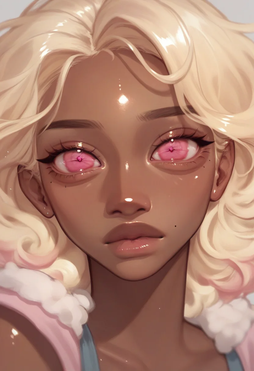 score_9, score_8_up, score_7_up, score_6_up, <lora:jelly_v0.5-pony:1>
1girl, blonde hair, dark-skinned female,
pink eyes, looking at viewer, shiny skin,