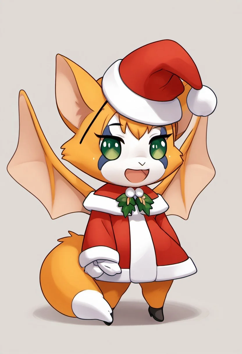 score_9, score_8_up, score_7_up, source_cartoon, source_furry BREAK 1girl, solo, fidget_daet, nimbat, anthro, furry female, wings, tail, green eyes, santa hat, santa dress, blue headband, padorumeme, chibi, simple background